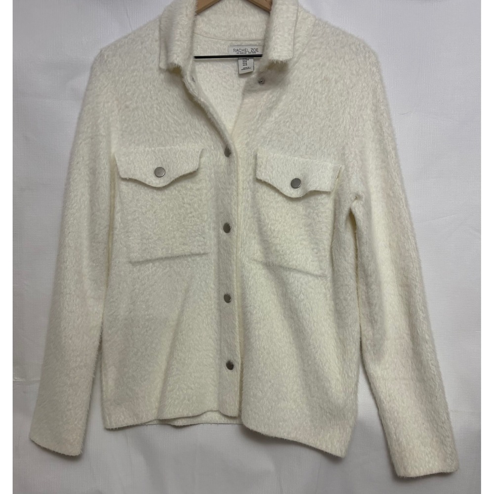Rachel Zoe Eyelash Knit Shacket Womens Medium Ivory White Excellent Fuzzy Jacket